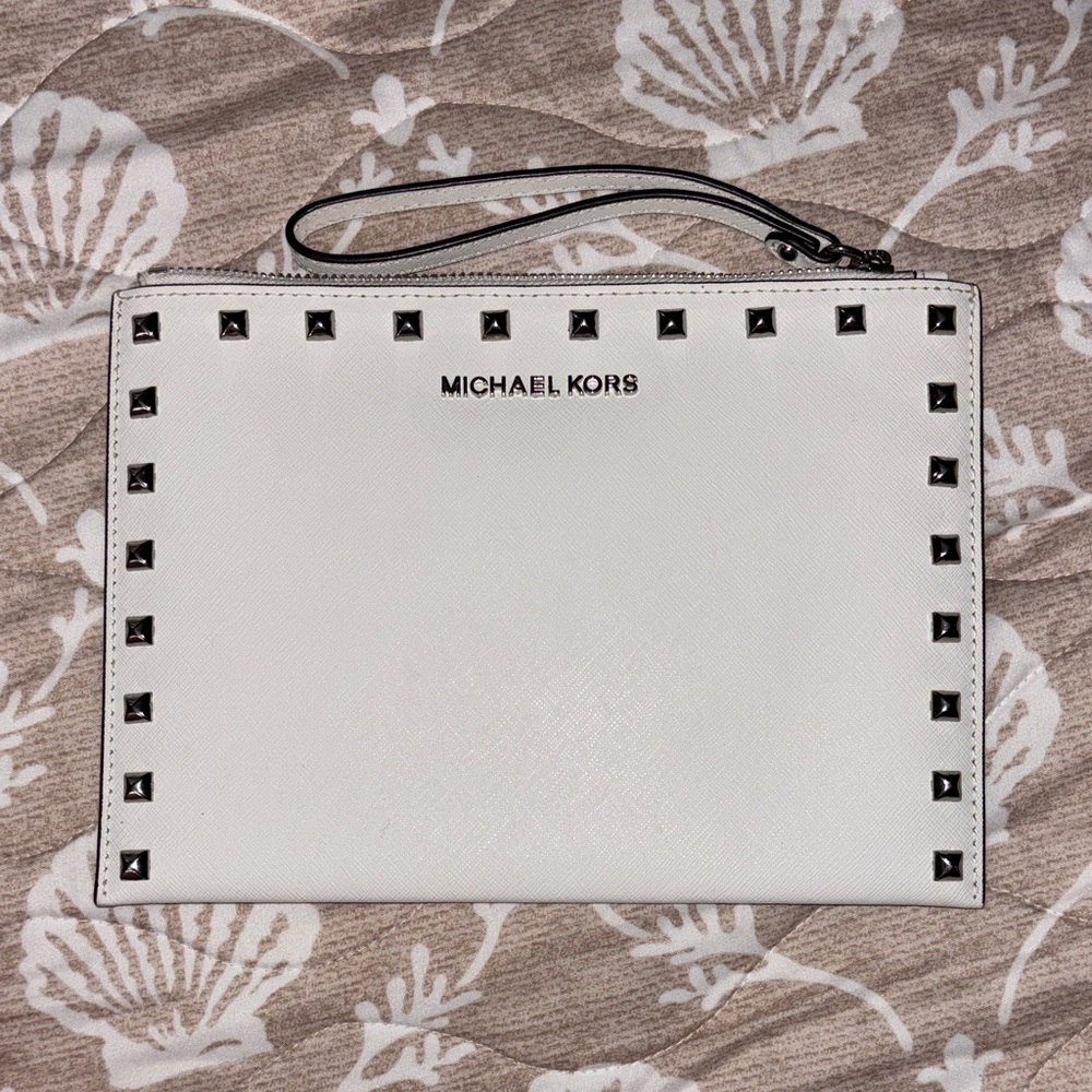 Michael Kors White Stud-Trim Wristlet Clutch